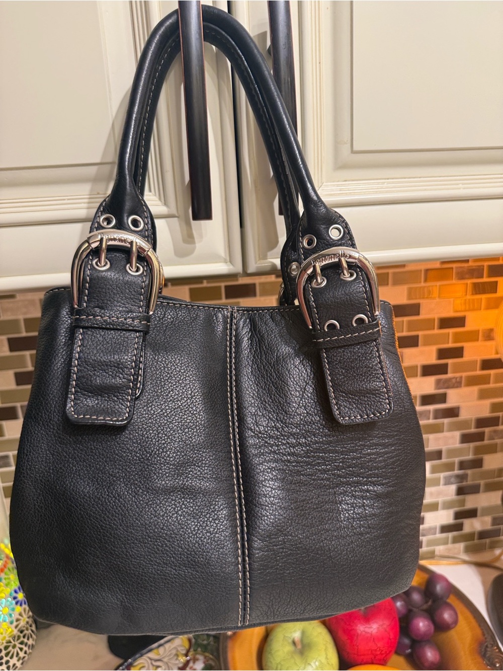Tignanello Black Leather Shoulder Bag with Silver Buckles